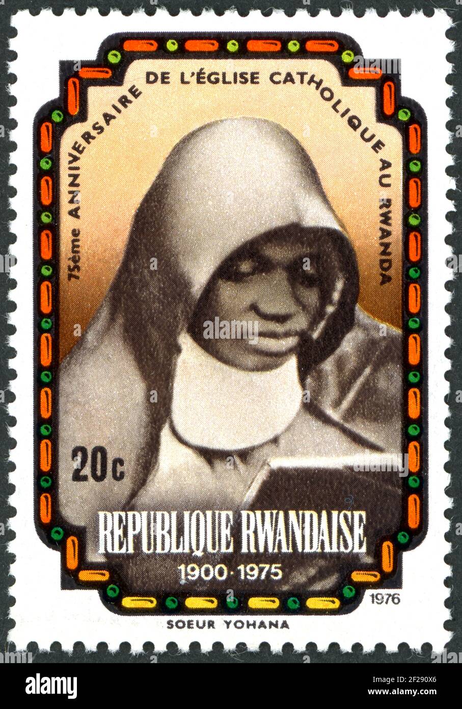 A stamp printed in Rwanda, dedicated to the 75th anniversary of the Roman Catholic Church of Rwanda, shown the portrait of Sister Yohanna, circa 1976 Stock Photo
