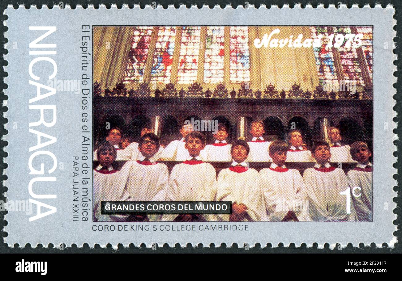 NICARAGUA - CIRCA 1975: A stamp printed in Nicaragua, Christmas issue, shown the Chorus of King's College, Cambridge, circa 1975 Stock Photo