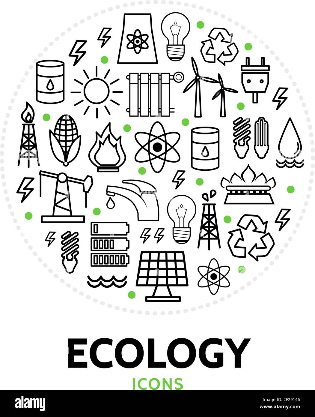 Ecology round concept with electric bio eco and environmental line icons isolated vector illustration Stock Vector