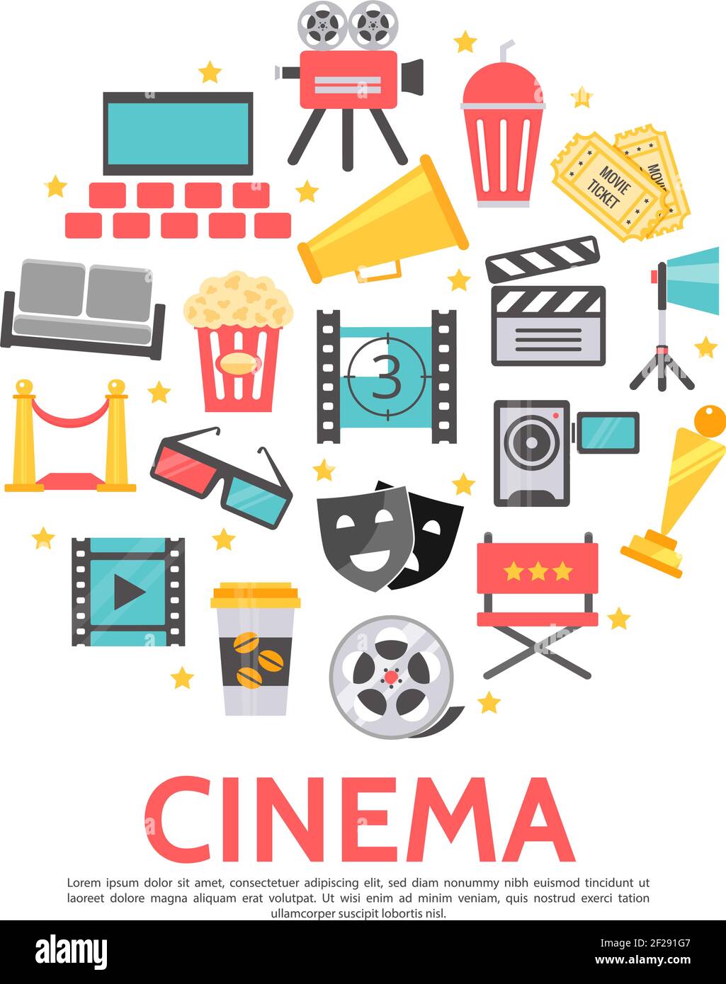 Flat movie round concept with cinema hall camera tickets filmstrip  clapboard award film reel theater masks red carpet megaphone director chair  project Stock Vector Image & Art - Alamy