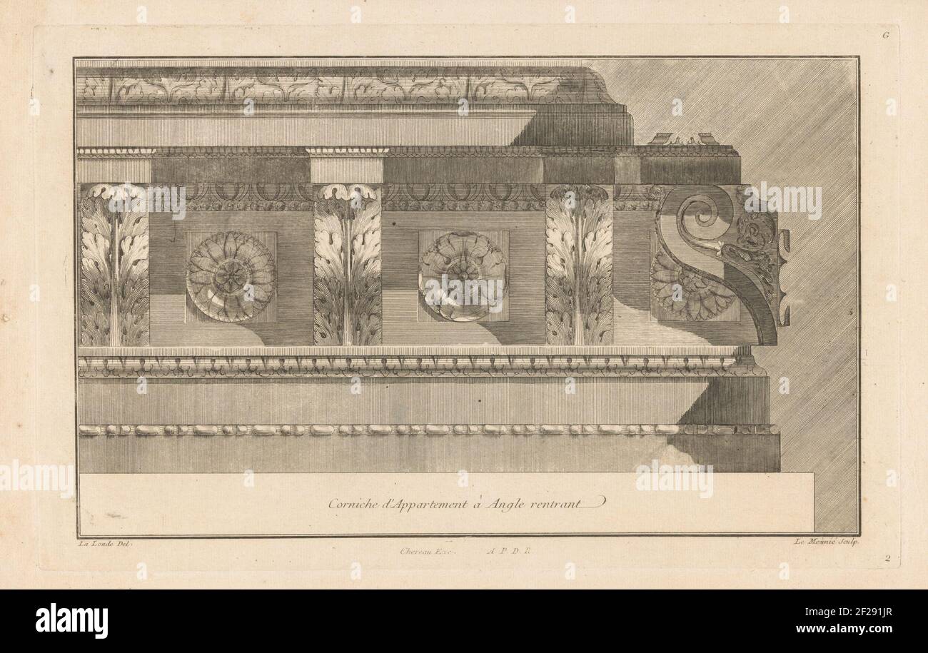 Kroonlijst; Cornice of apartment in angle of angle; VIIA Workbook G Notebook, cornices and discharged, with the profiles.an ornamented Cornice with Acanthus on Consoles, Floral motif and An Egg List. Stock Photo