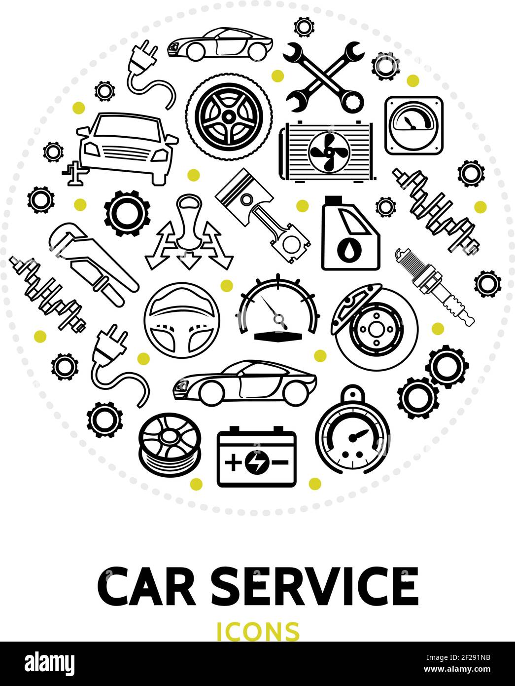 Car service round concept with automobile wrench engine piston radiator transmission battery speedometer spark plug brake disc shock absorber tire lin Stock Vector