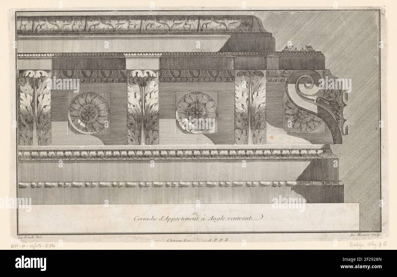 Kroonlijst; Cornice of apartment in angle of angle; VIIA Workbook G Notebook, cornices and discharged, with the profiles.an ornamented Cornice with Acanthus on Consoles, Floral motif and An Egg List. Stock Photo