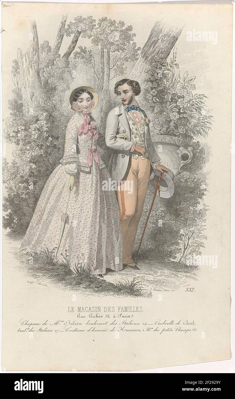 The Family Store, 1849, No. 332: Ms. Julieu's hat (...). In Armed Couple Walking in a Park. Accordinging to the caption: Hat from Julieu. Parasol from Cazal. Men's costume from Humann. Print from the Fashion Magazine The Family Store (Sep 1849 - July 1878). Stock Photo