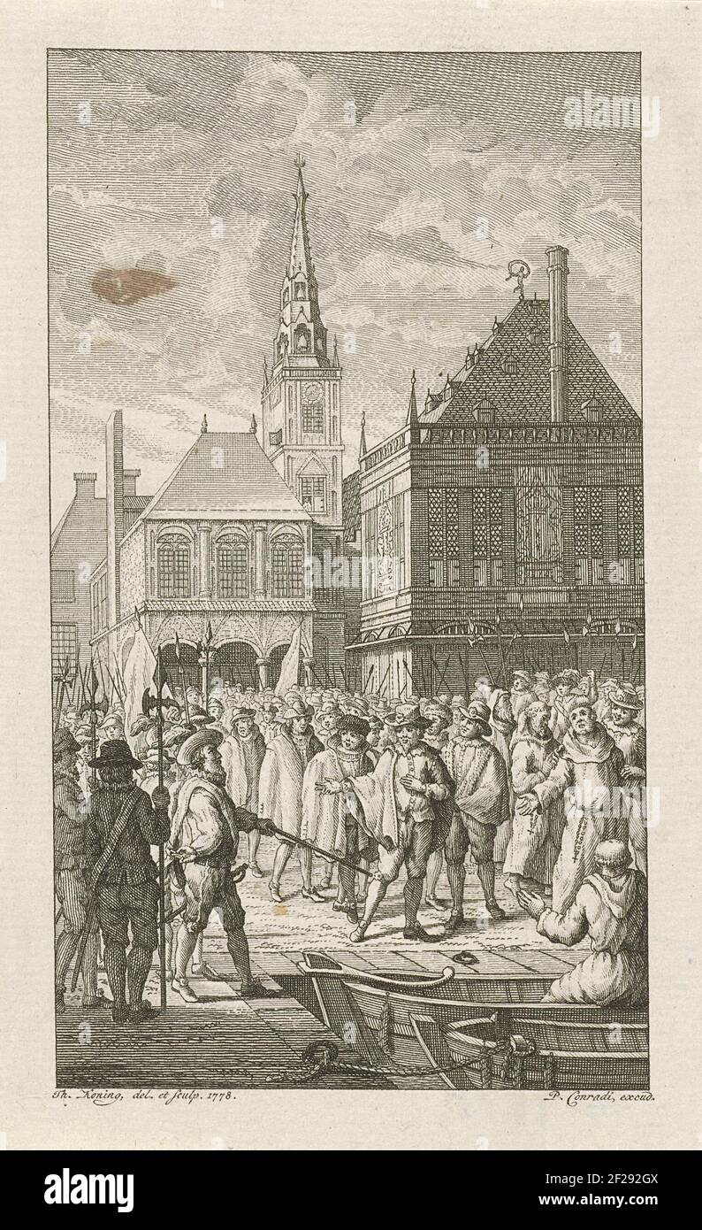 Alteratie van Amsterdam, 26 mei 1578.Alteration of Amsterdam, May 26, 1578. The Spanish city board and the Roman clergy are forced to leave, on the quay at the dam they step in ready boats. Stock Photo