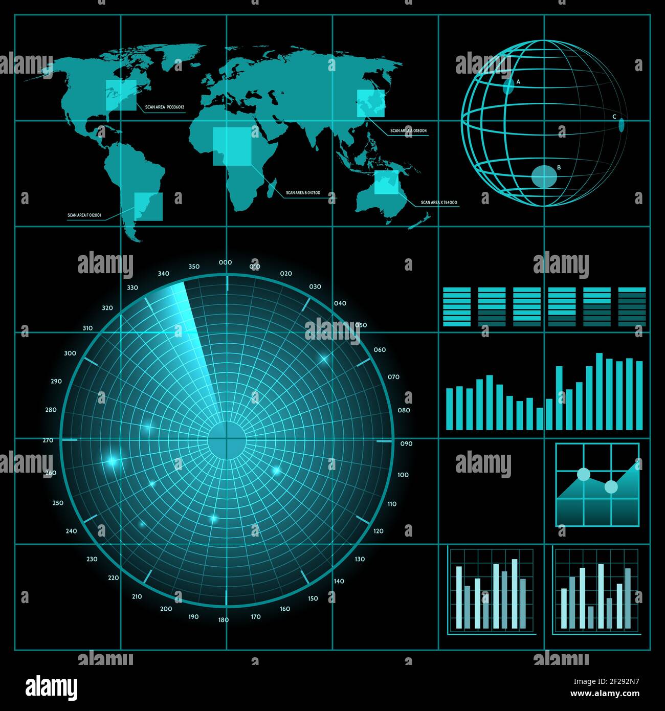 Radar screen with world map. Military technology, system equipment