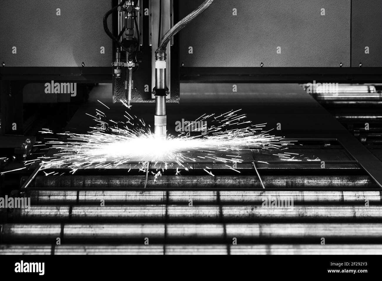 Industrial cnc plasma machine cutting of metal plate and profile Stock Photo