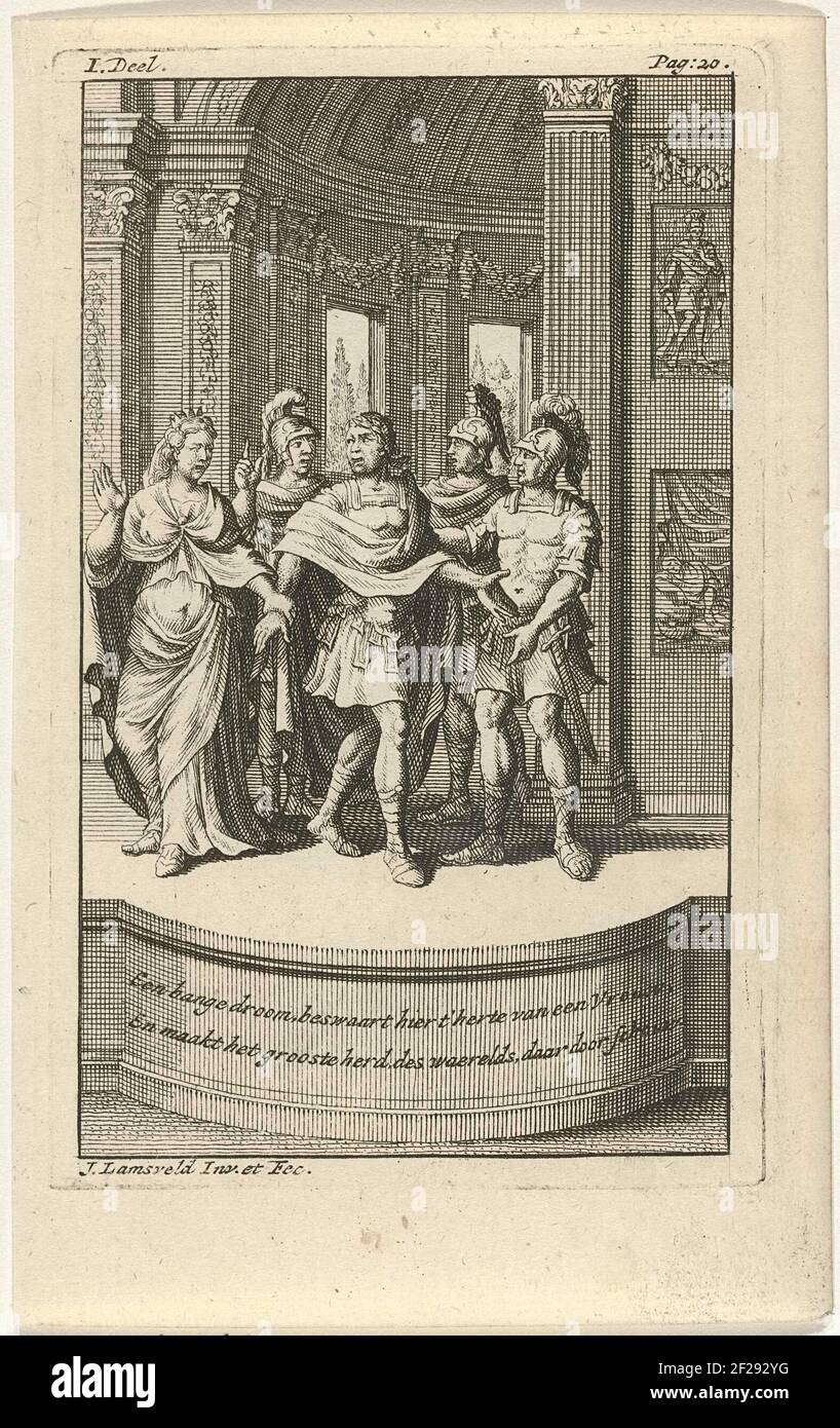Calpurnia Pisonis vertelt Julius Caesar haar droom.Calpurnia Pisonis tells her husband Julius Caesar from the dreams in which she was warned of danger. Caesar ignores her and gets ready to leave. The performance is explained in the two-legged caption. The print is left and at the top right labeled: I. part. - Pag: 20. Made from the torrent game translated from French 'the kills of Julius Cezar', written by Marie-Anne Barbier. Stock Photo