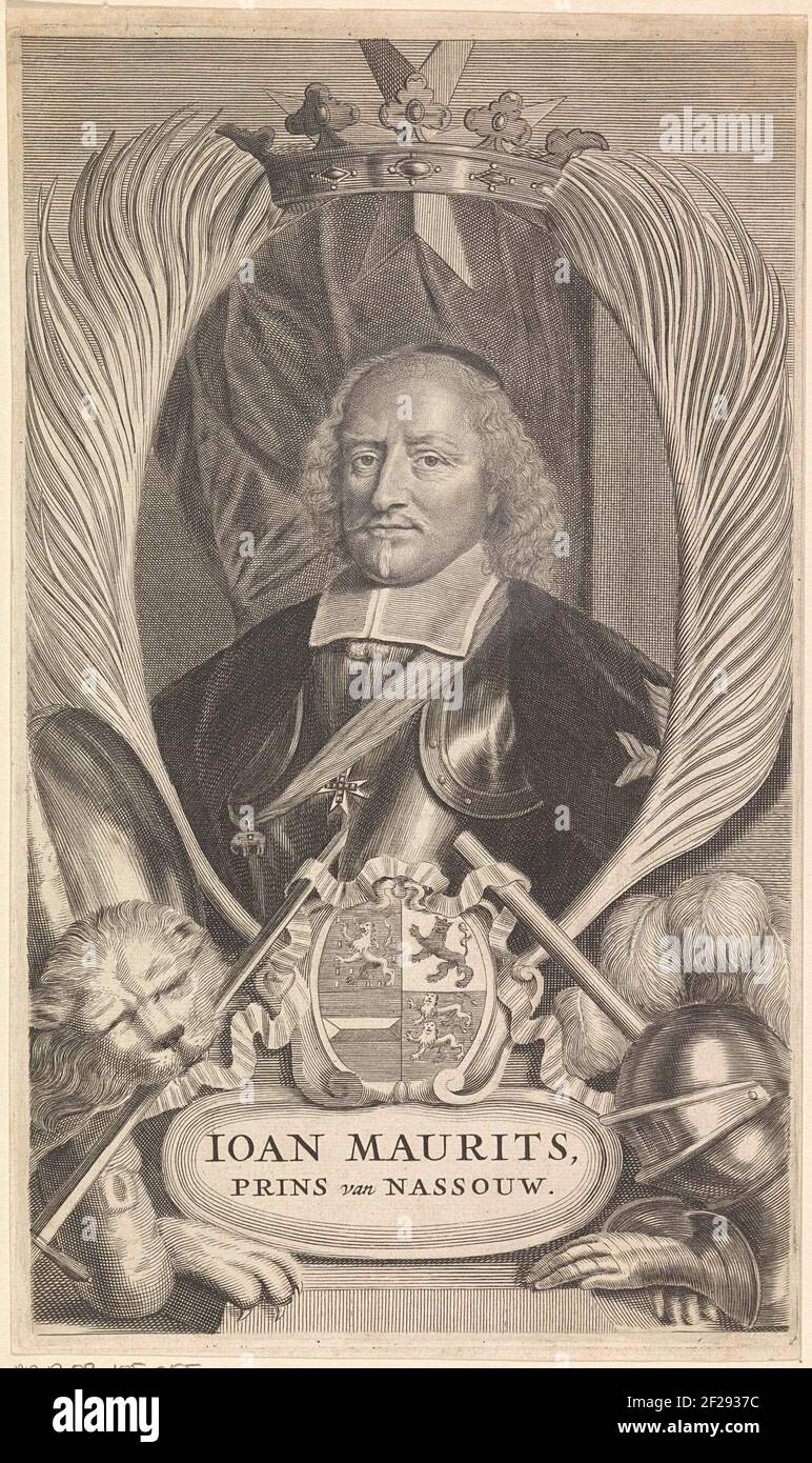 Portret van Johan Maurits, graaf van Nassau-Siegen.Portrait of Johan Maurits in an oval of palm branches. There around a number of allegorical objects, including a helmet and a command. Middle above a crown. In the middle of his weapon. His name and title in a framework. Stock Photo