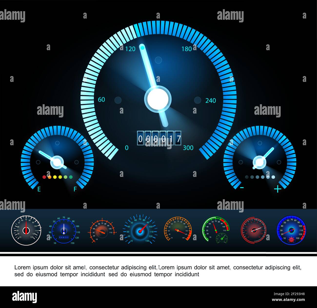 Car dashboard panel gauges concept with fuel indicator tachometer and ...