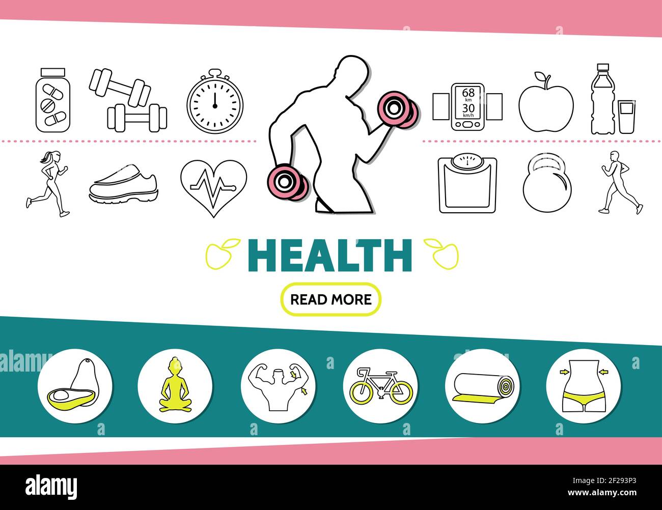 Healthy lifestyle line icons set with strong man vitamins sport ...