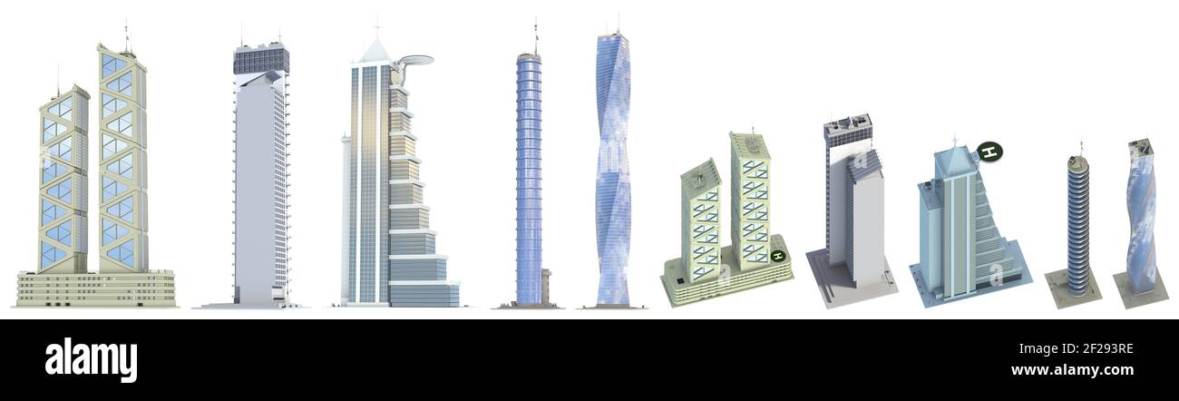 Set of detailed financial tall buildings with fictional design and blue sky reflection - isolated, side view 3d illustration of skyscrapers Stock Photo