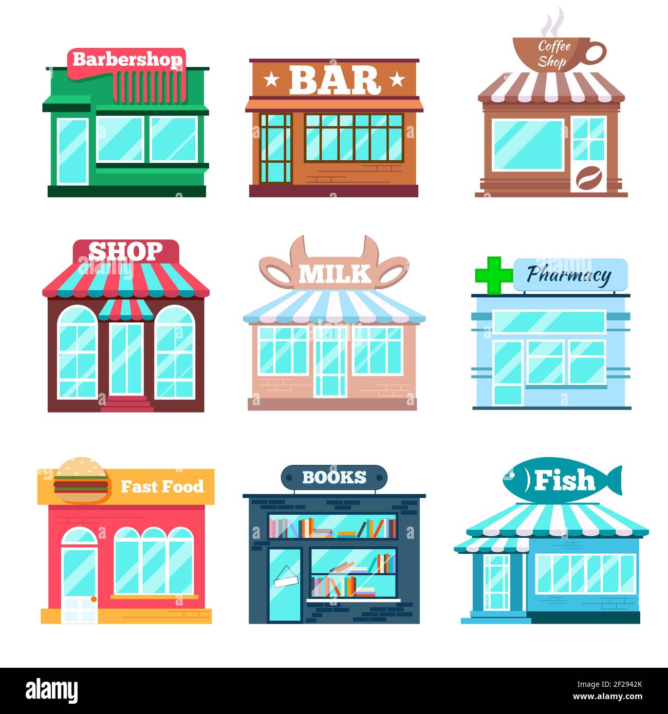 Store and shop buildings flat icons set. Fast food, fish shop, book and pharmacy, milk and bar, coffe and barbershop. Vector illustration Stock Vector