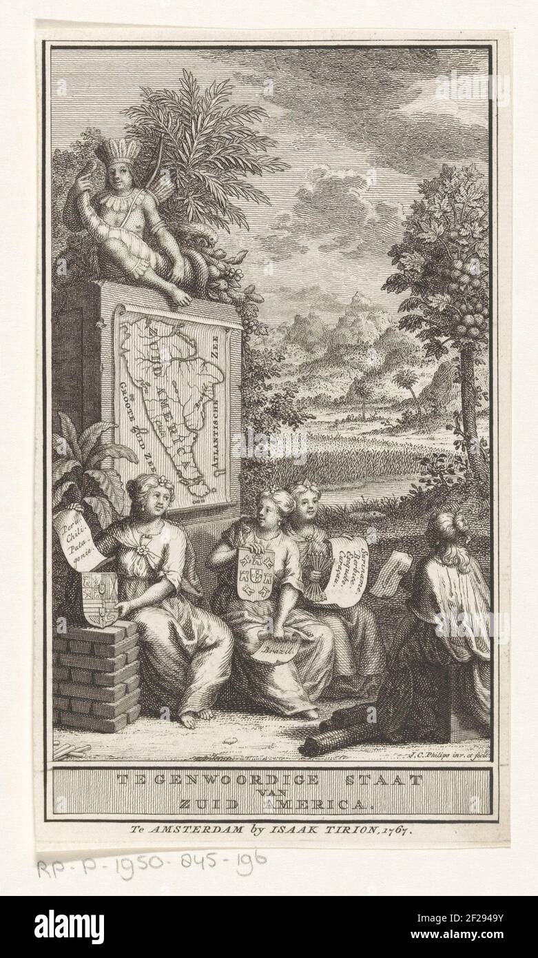Allegorie op Zuid-Amerika; Tegenwoordige staat van Zuid America;  Titelpagina voor: Thomas Salmon, Hedendaagsche historie of tegenwoordige  staat van America, 1767.Exotic landscape with unscription in the foreground  and three women. They hold papers