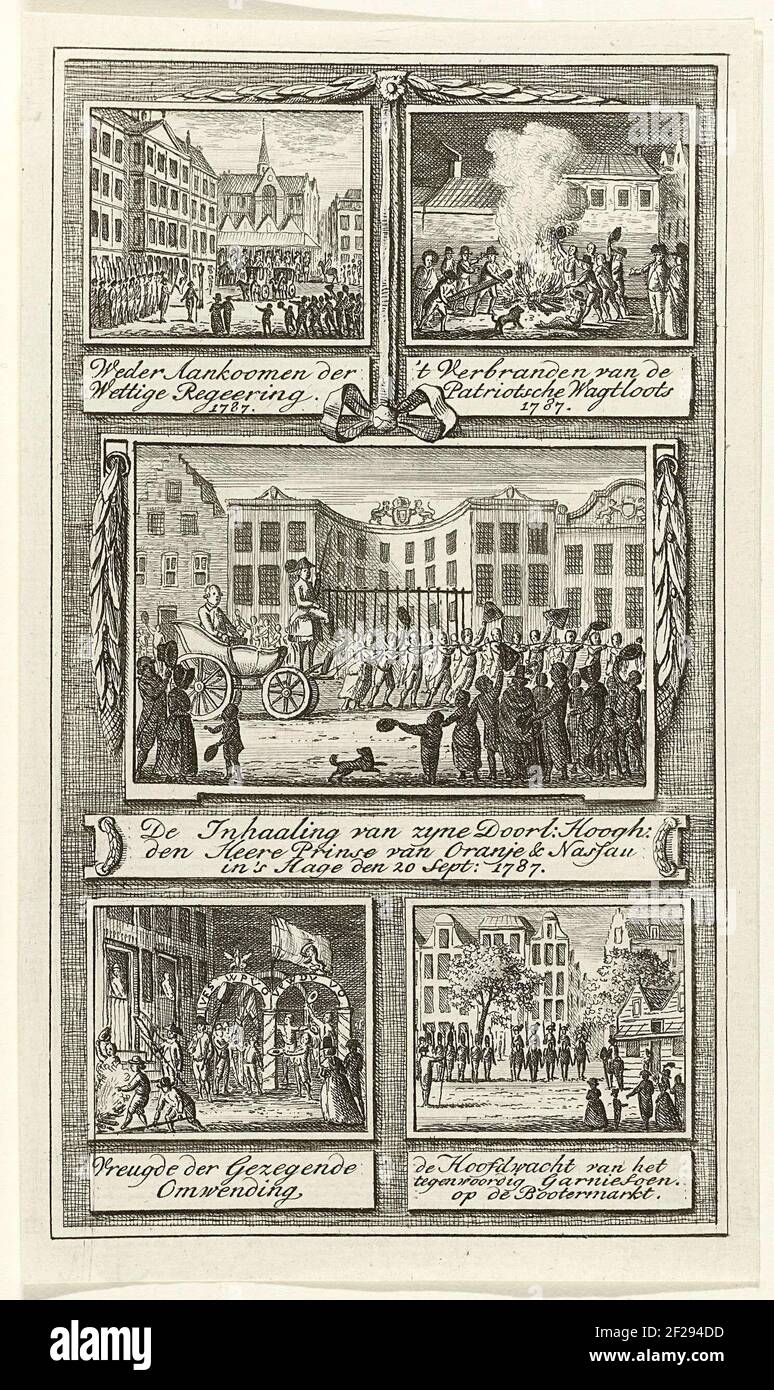 Sheet with five small performances around the repair of the Stadholder in 1787 in The Hague and Amsterdam. Central to the income of the Prince of Orange by the Burgerij van den Haag on September 20, 1787. Stock Photo