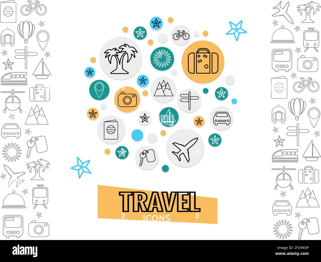 Travel and transportation concept with palm tree luggage bicycle bus