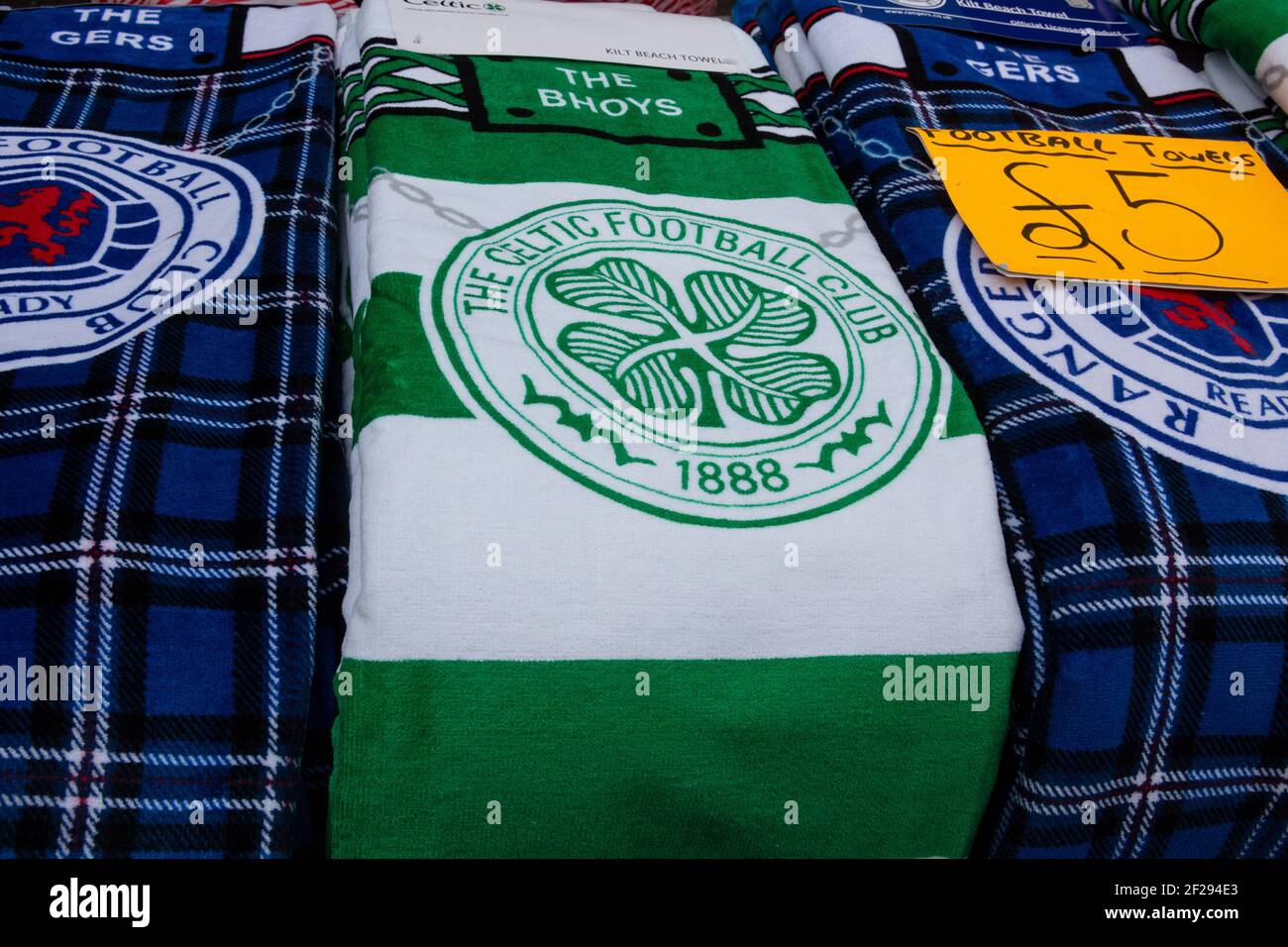 Football (soccer) team towels for sale at the Auld Lammas Fair, Ballycastle, Moyle, County