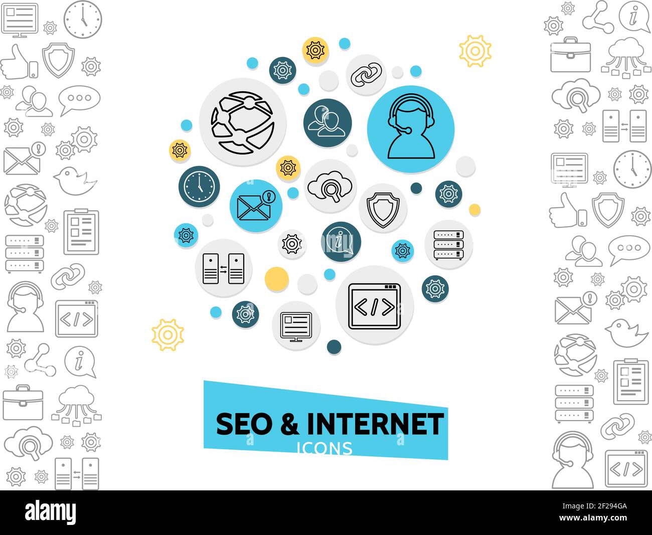 Internet technology template with operator globe chat seo optimization data exchange search shield routers clock computer envelope line icons isolated Stock Vector