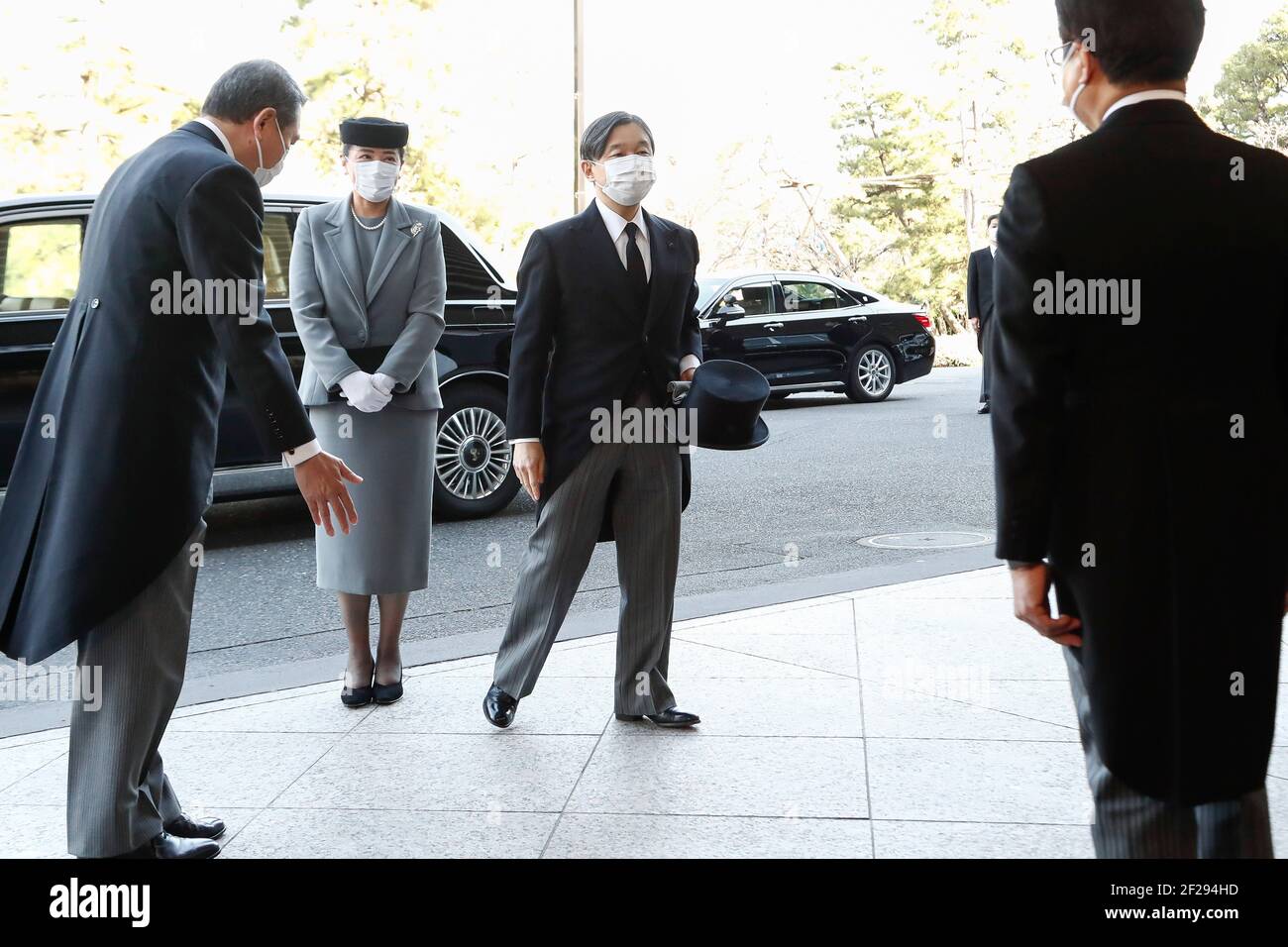 Tokyo, Japan. 11th Mar, 2021. Japanese Emperor Naruhito and Empress Masako wearing face masks arrive at the National Theatre of Japan to attend the national memorial service for the victims of the March 11 earthquake and tsunami. Japan marked the 10th anniversary of the Great East Japan Earthquake, Tsunami and Nuclear Disaster. This year the Japanese government held its national memorial ceremony for the victims despite to the coronavirus pandemic in the country. Credit: Rodrigo Reyes Marin/ZUMA Wire/Alamy Live News Stock Photo