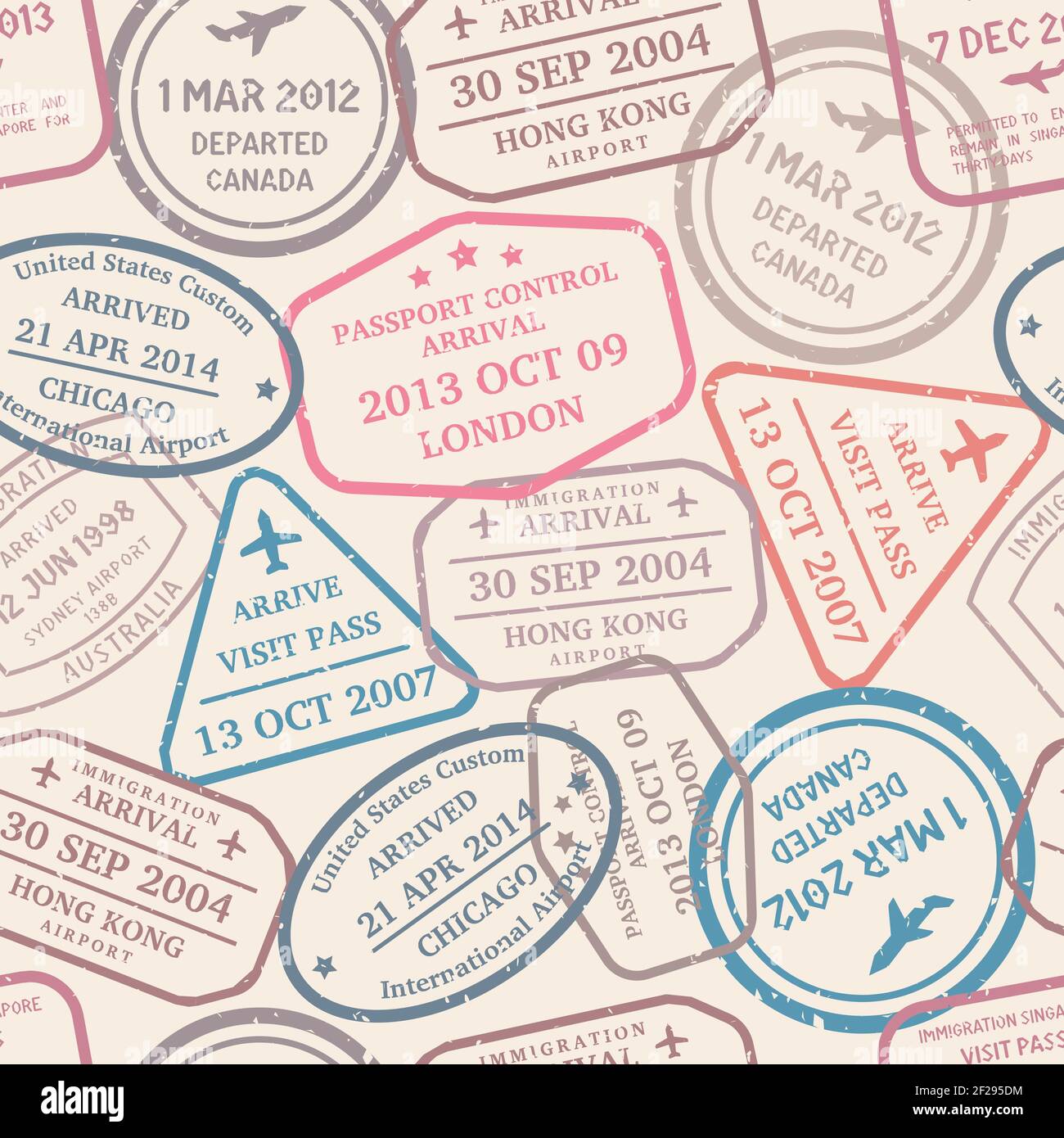 Seamless pattern of assortment of cachets and hand stamps of control ...