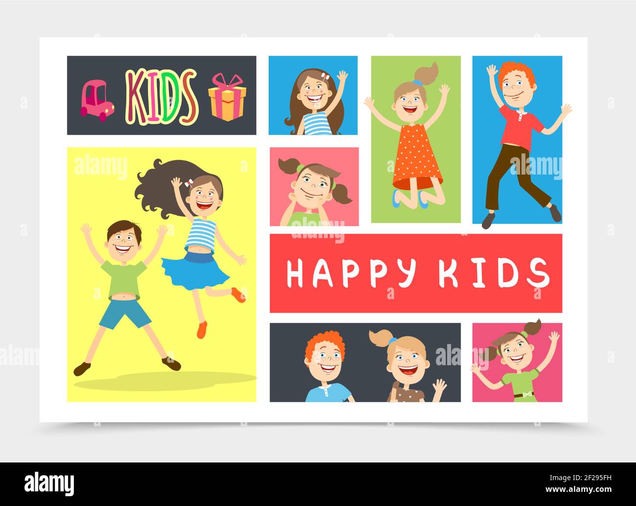 Flat happy kids colorful composition with funny cute jumping boys and ...