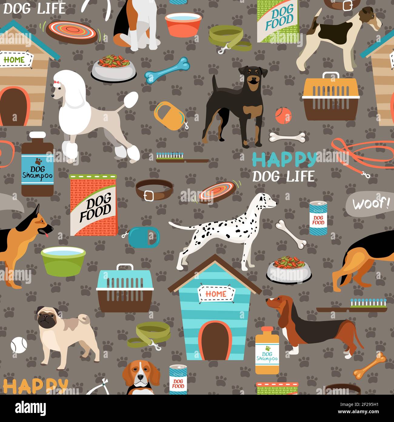 Dogs seamless pattern with equipment Stock Vector