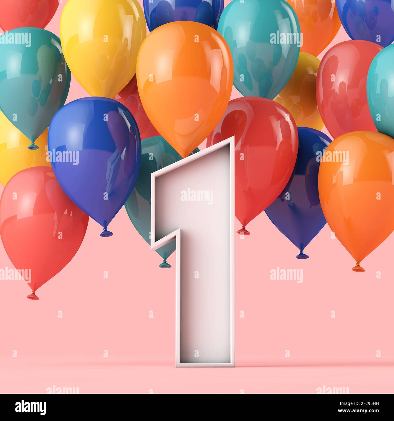 Happy 1st birthday background with colourful balloons. 3D Rendering
