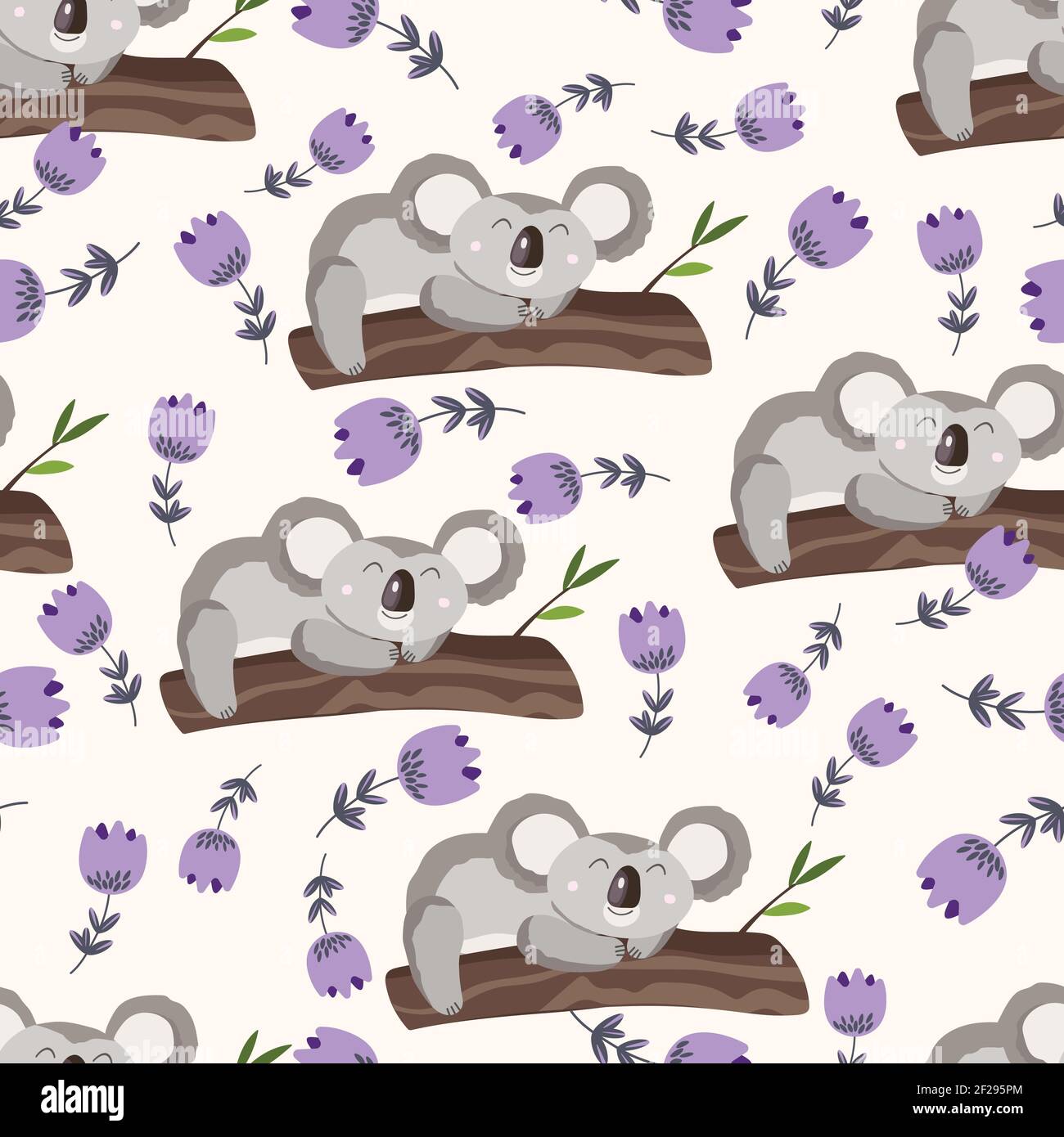 Seamless pattern with cute koala baby and flowers on color background ...