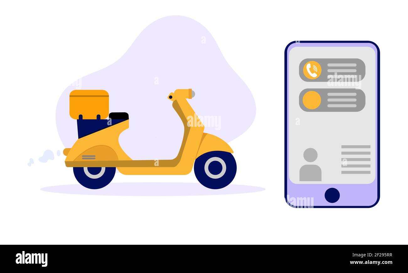 Delivery app on smartphone and yellow scooter with ready meal. Vector