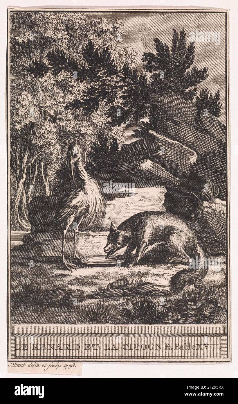 Landschap puts OoOevaar in your; Renard and Cicogne. Fable XVIII..A STORK AND A FOX IN A ROCKY LANDSCAPE. The Fox Drinks from A Bowl. Illustration of Fabel XVIII The Fox and Cicogne. Stock Photo