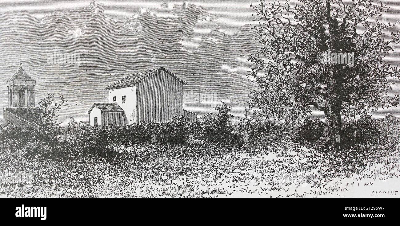 Glade in Ilori and a church with a bell tower. Engraving of 1882. Stock Photo
