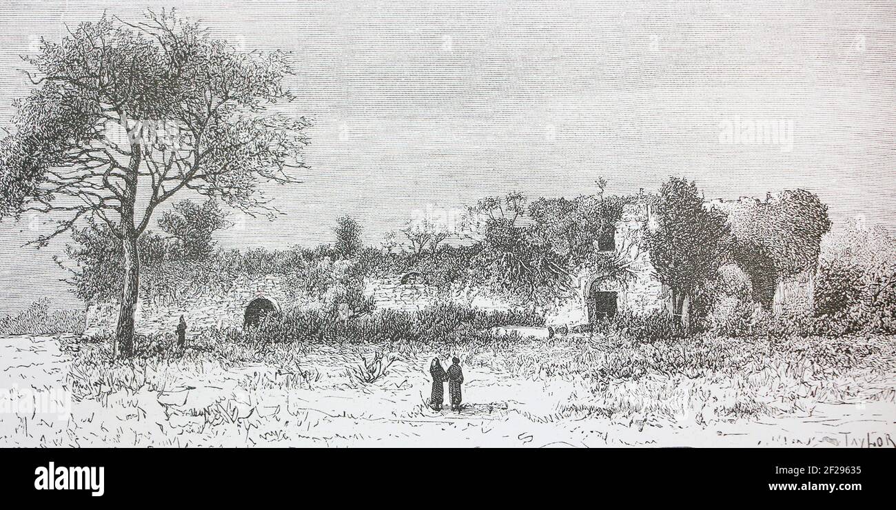 The ruins of the cemetery in Mokwa. Engraving of 1882. Stock Photo