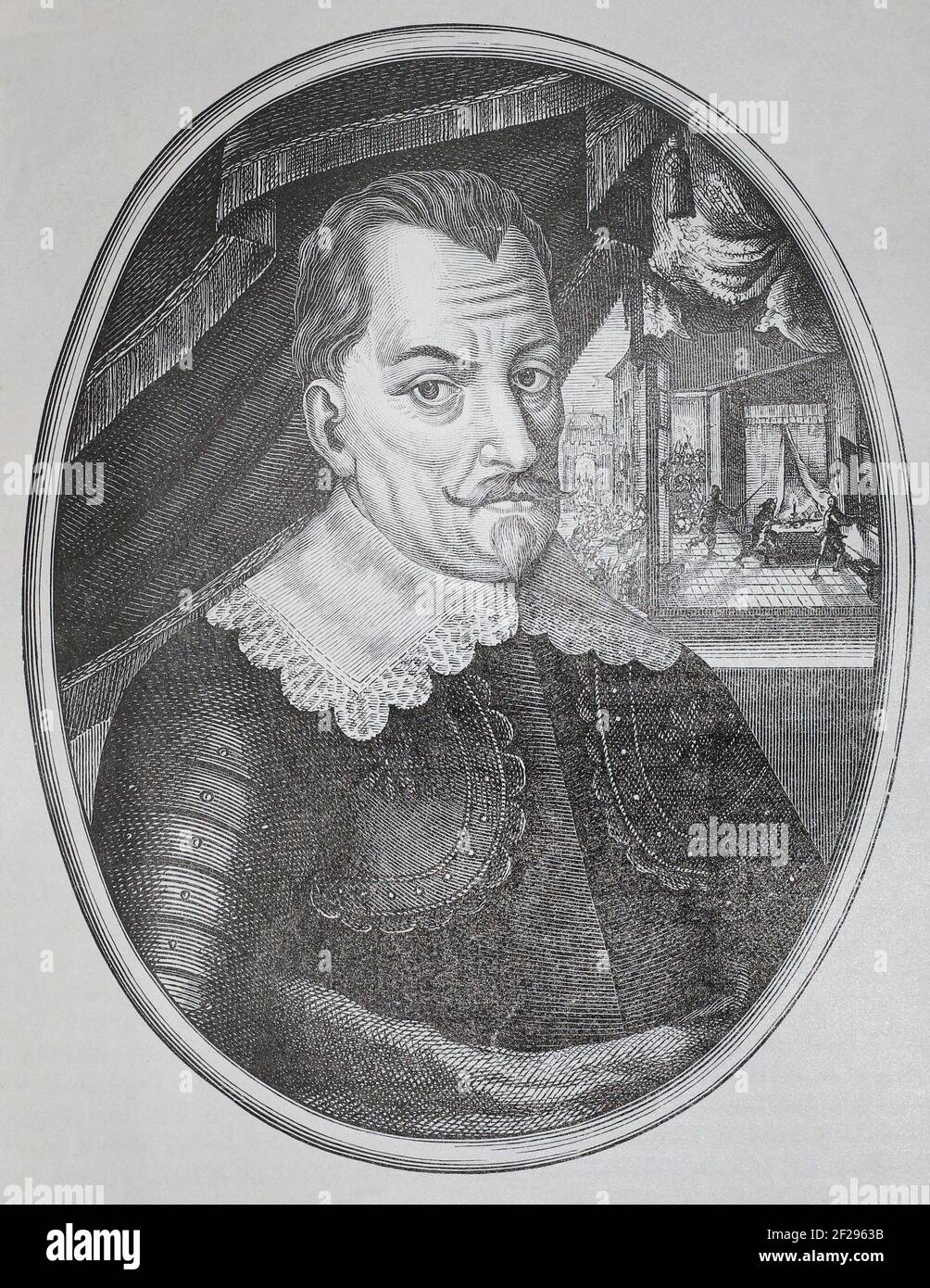 Wallenstein. Medieval engraving. His murder is depicted in the background. Albrecht Wenzel Eusebius von Wallenstein (24 September 1583 - 25 February 1634), also von Waldstein (Czech: Albrecht Václav Eusebius z Valdštejna), was a Bohemian military leader and statesman who fought on the Catholic side during the Thirty Years' War (1618-1648). His successful martial career made him one of the richest and most influential men in the Holy Roman Empire by the time of his death. Stock Photo