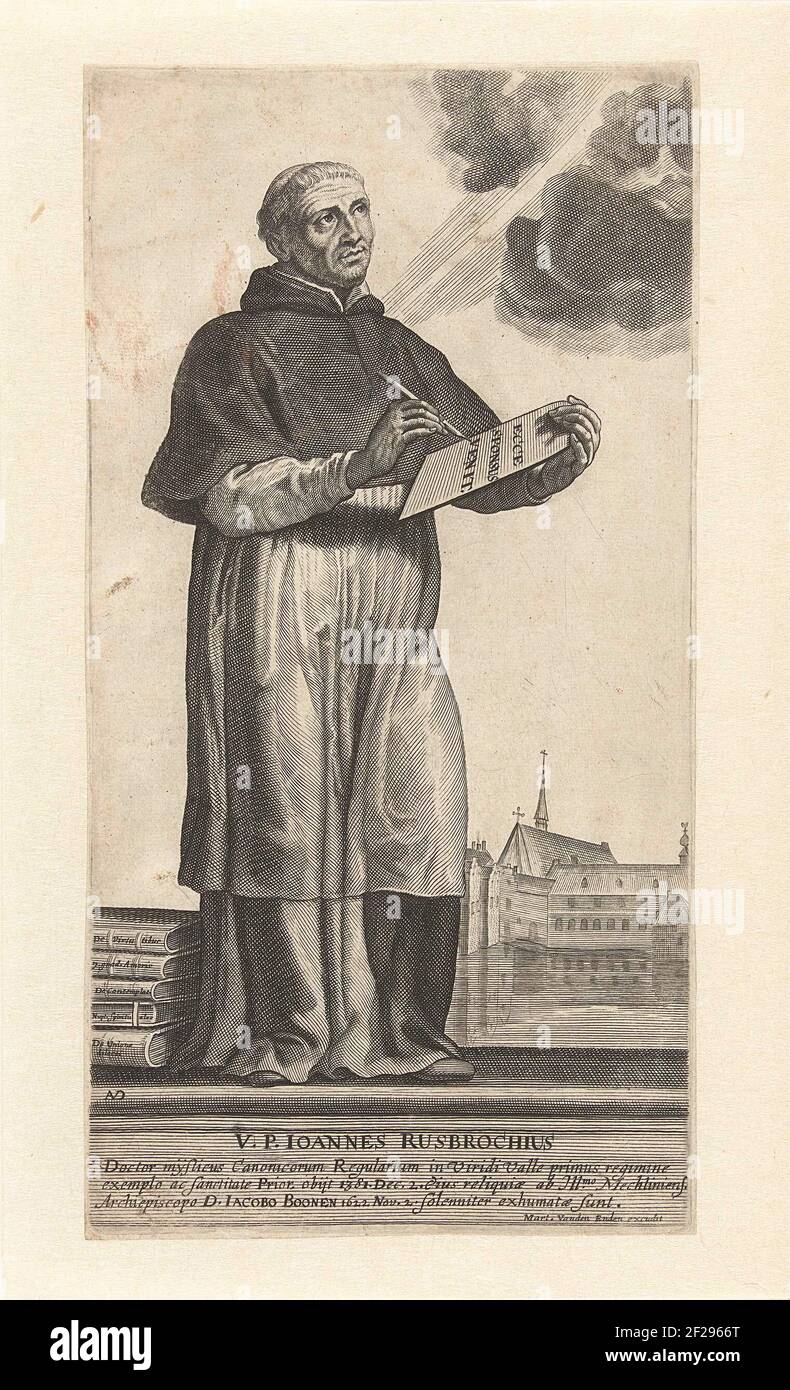 Mysticus Jan van Ruysbroeck.Mystic Jan van Ruysbroeck standing with writing tablet. In background church. Four lines of Latin text in undermarge. Stock Photo