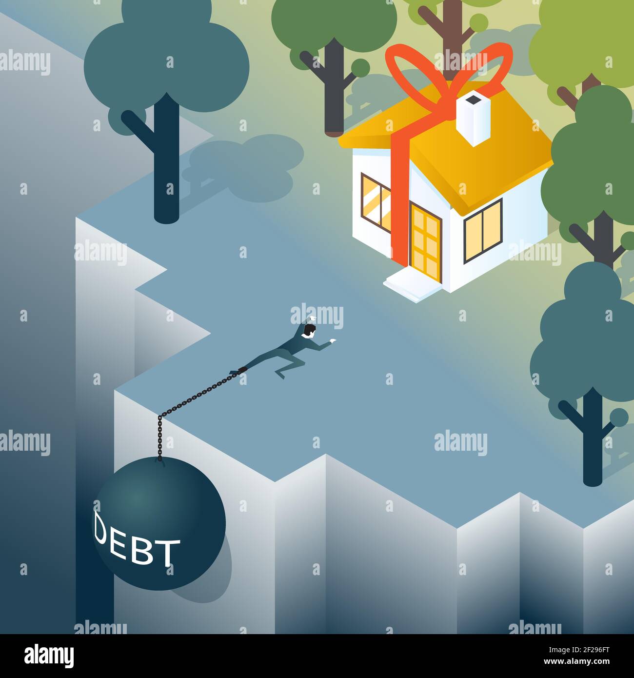 Businessman or consumer with debt weight is climbing out of the abyss. House and debt, mortgage and real estate. Vector illustration Stock Vector