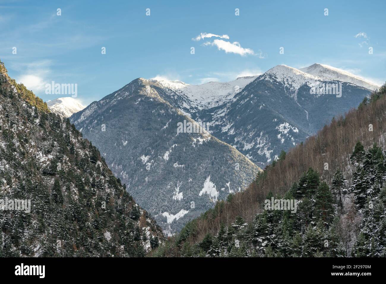 mountains of the catalan pyrenees in winter snowins Stock Photo