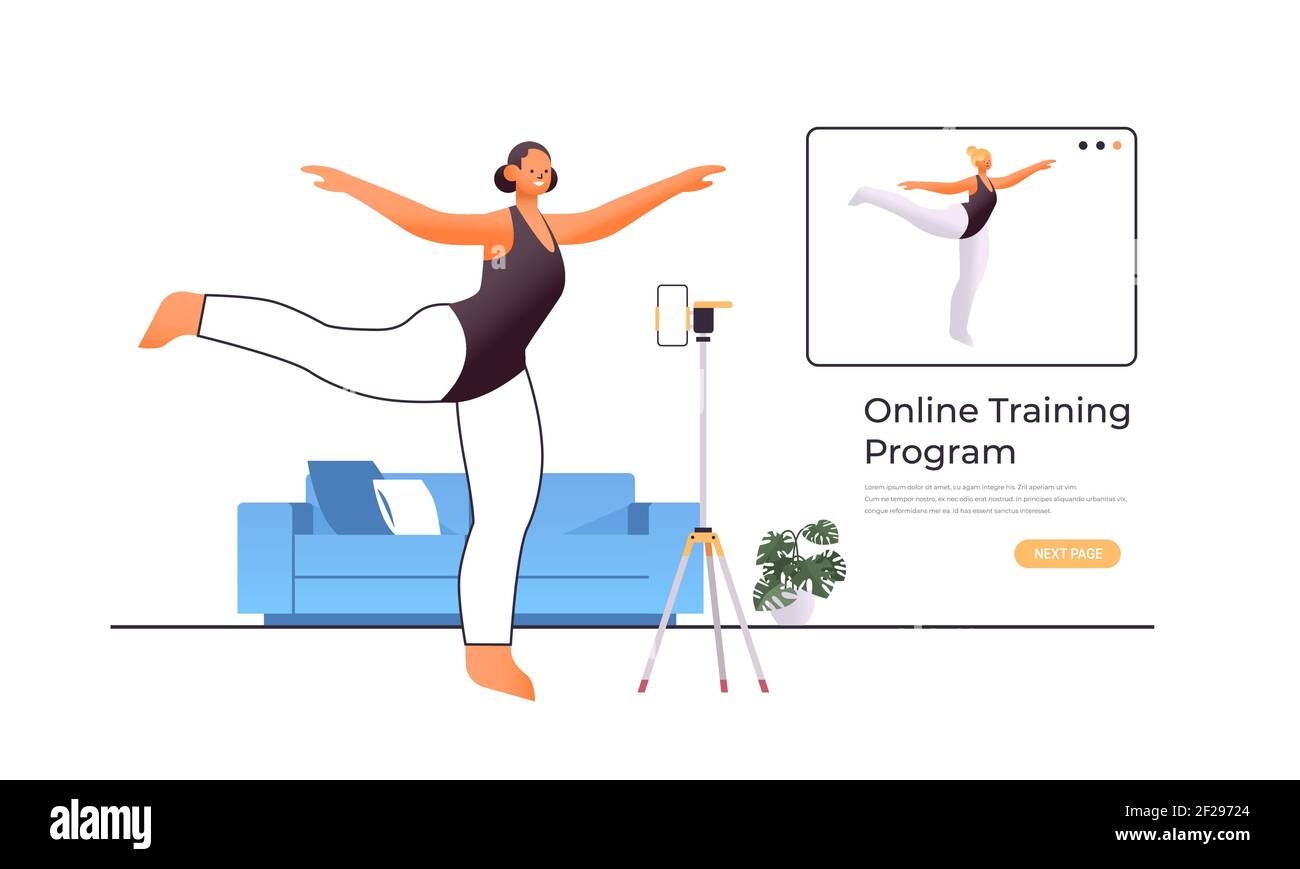 female dancer doing dancing exercises while watching online video training program with dance teacher workout concept isolated full length horizontal copy space vector illustration Stock Vector Image ...