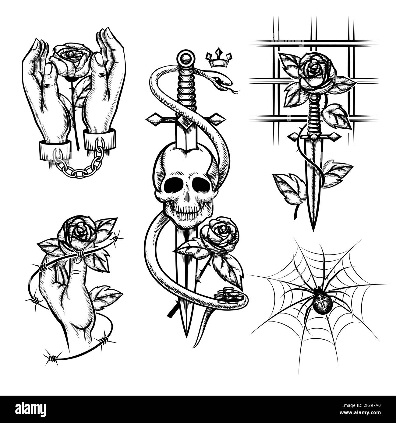 Criminal tattoo. Rose in the hands of a knife behind bars, spider and skull. Handcuffed and cage, wire and metal chain. Vector illustration Stock Vector