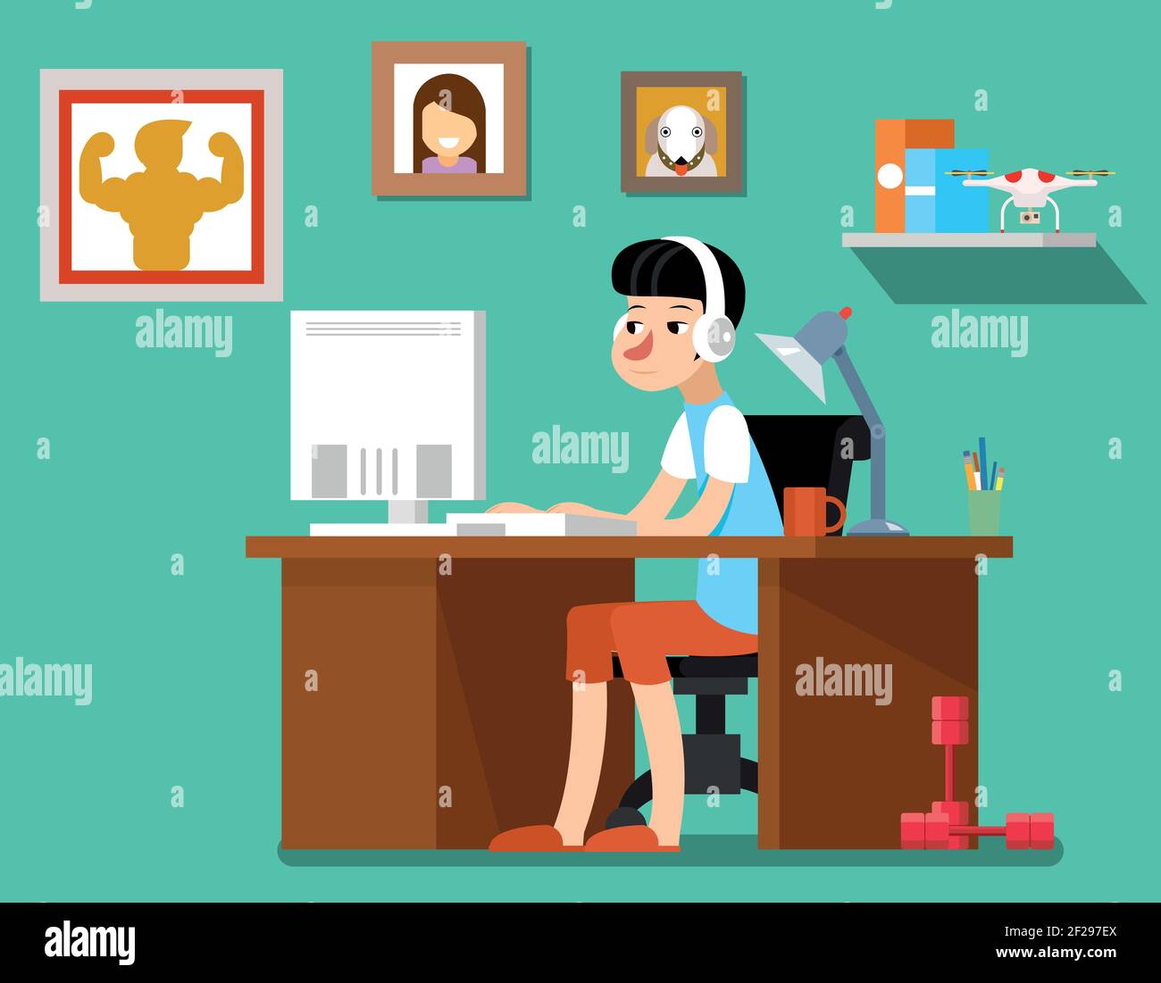 Freelancer at work, creative freelancer designer with computer, web technology, workplace employee. Freelancer vector illustration Stock Vector