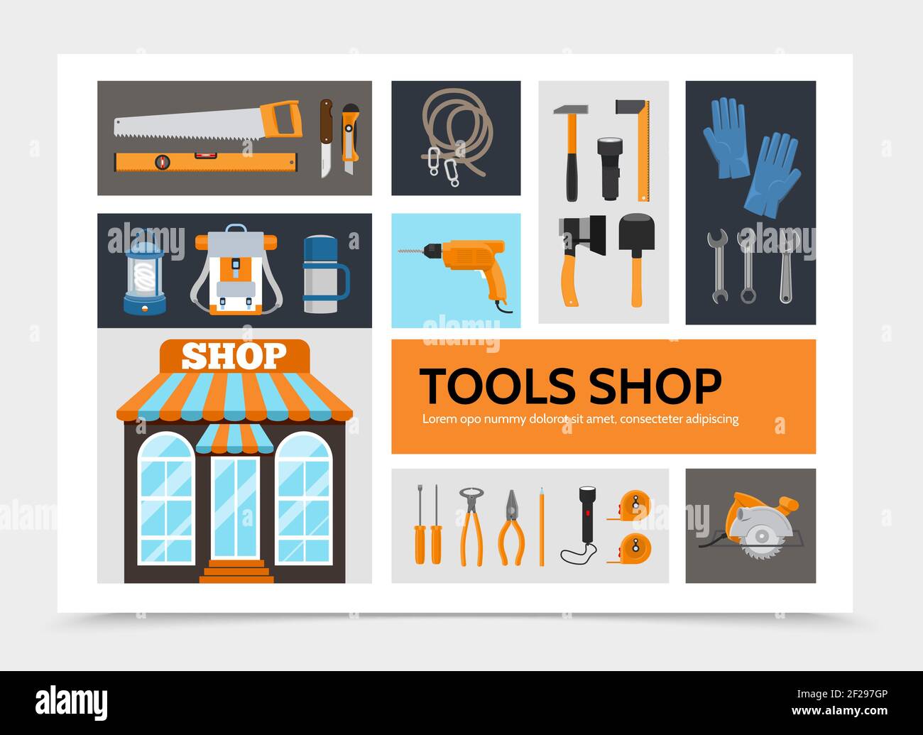 Flat tools shop infographic concept with construction repair equipment