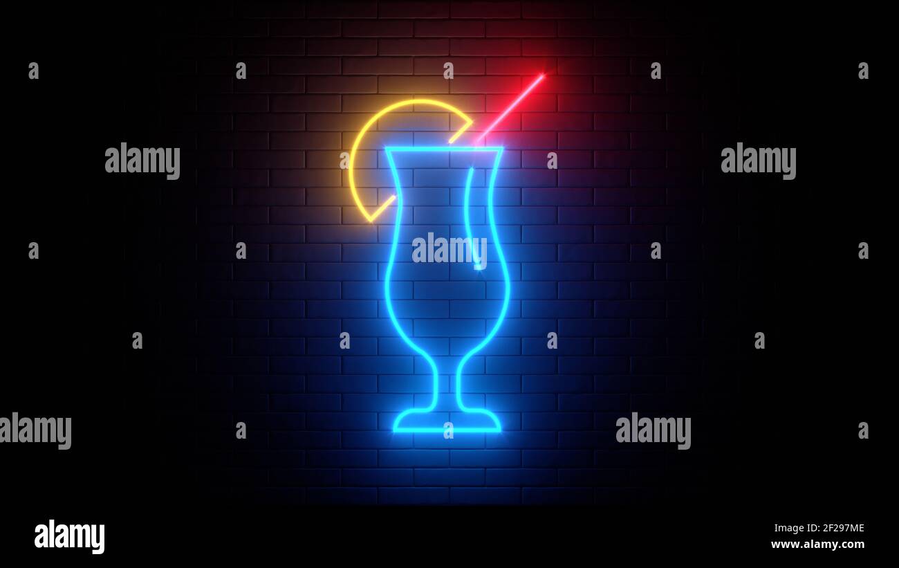 Neon sign on a brick wall. Glowing cocktail icon. Abstract background, spectrum vibrant colors. 3d render illustration. Stock Photo