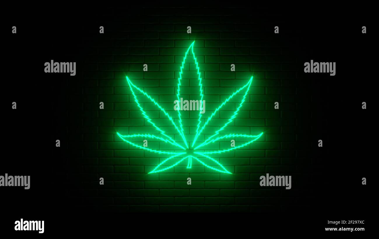 Neon sign on a brick wall. Cannabis weed marijuana leaf icon. Abstract