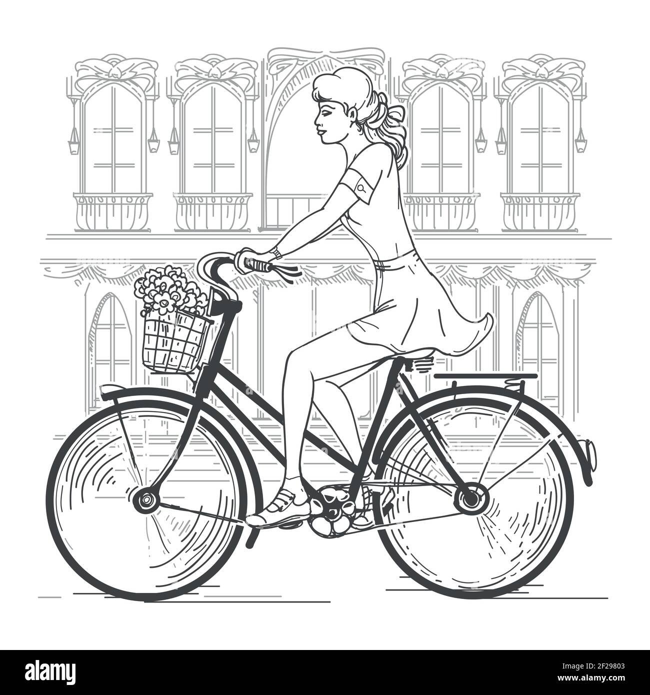 Girl bicyclist in Paris. Leisure young woman, urban travel, fashion city. Hand drawn beautiful girl in Paris vector illustration Stock Vector