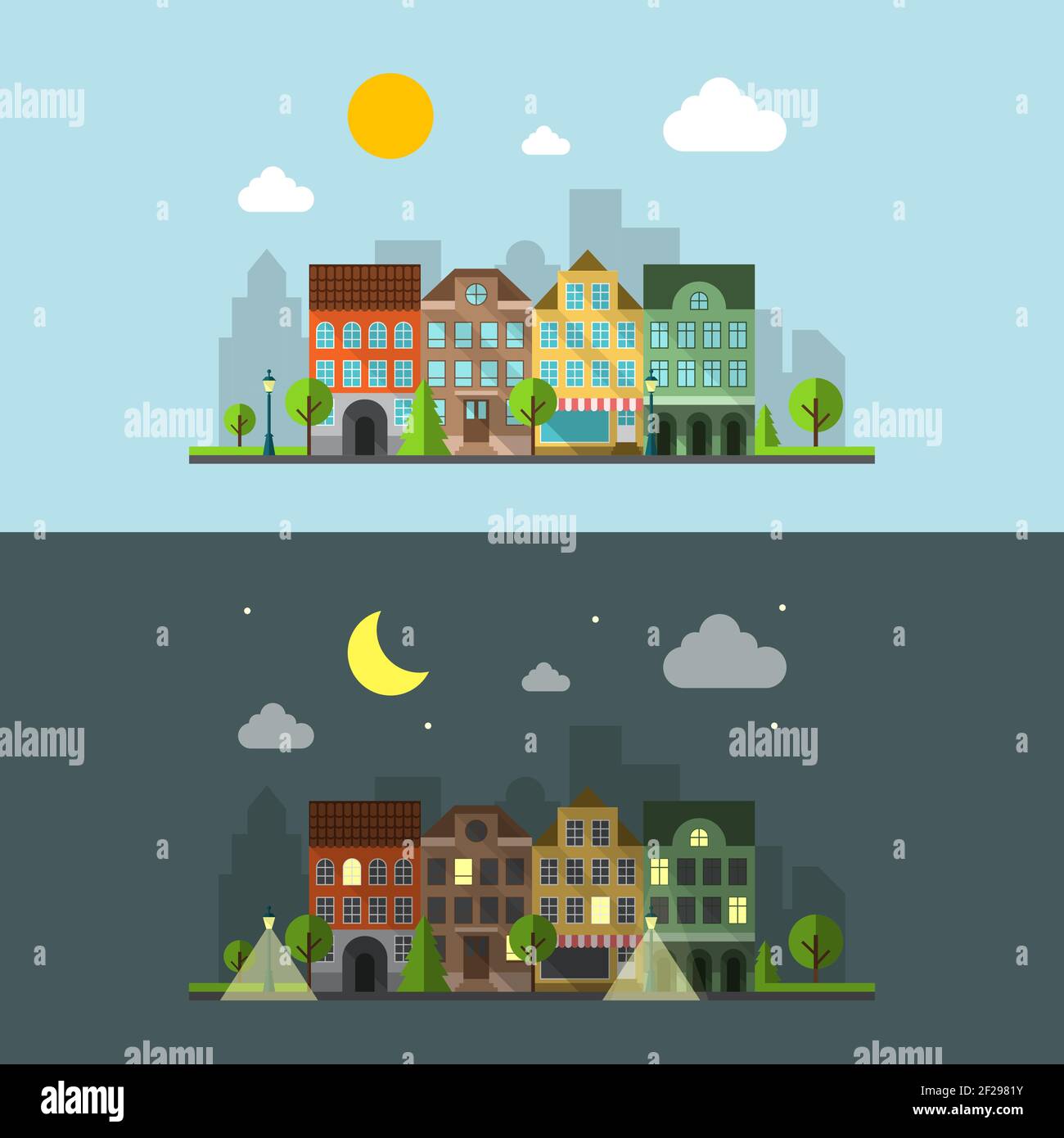 Flat design urban landscape. Night city and day city and building ...