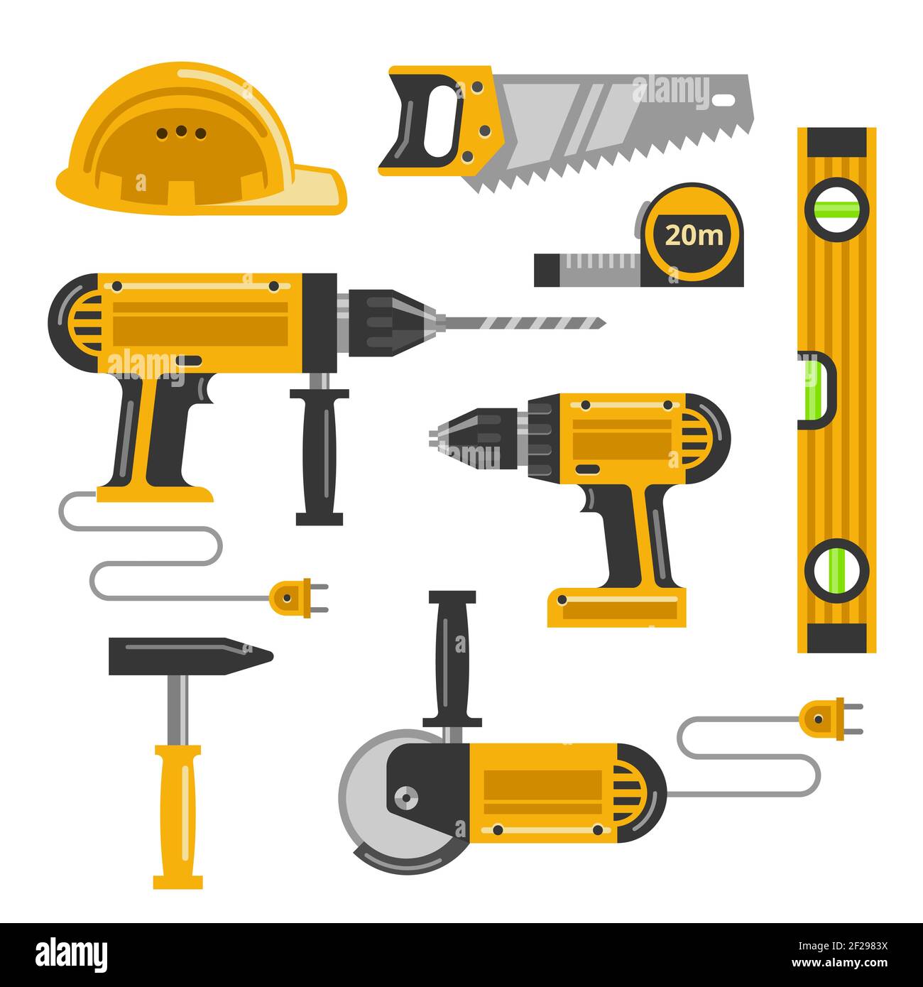 Set of construction tools flat icons. Saw, helmet, drill, screw gun and