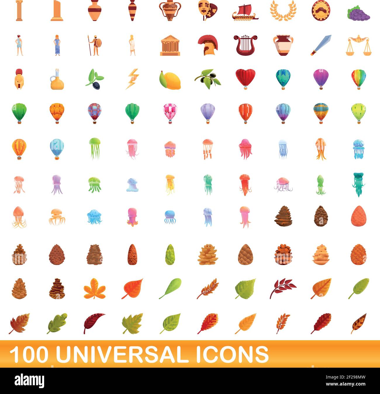 100 universal icons set. Cartoon illustration of 100 universal icons ...