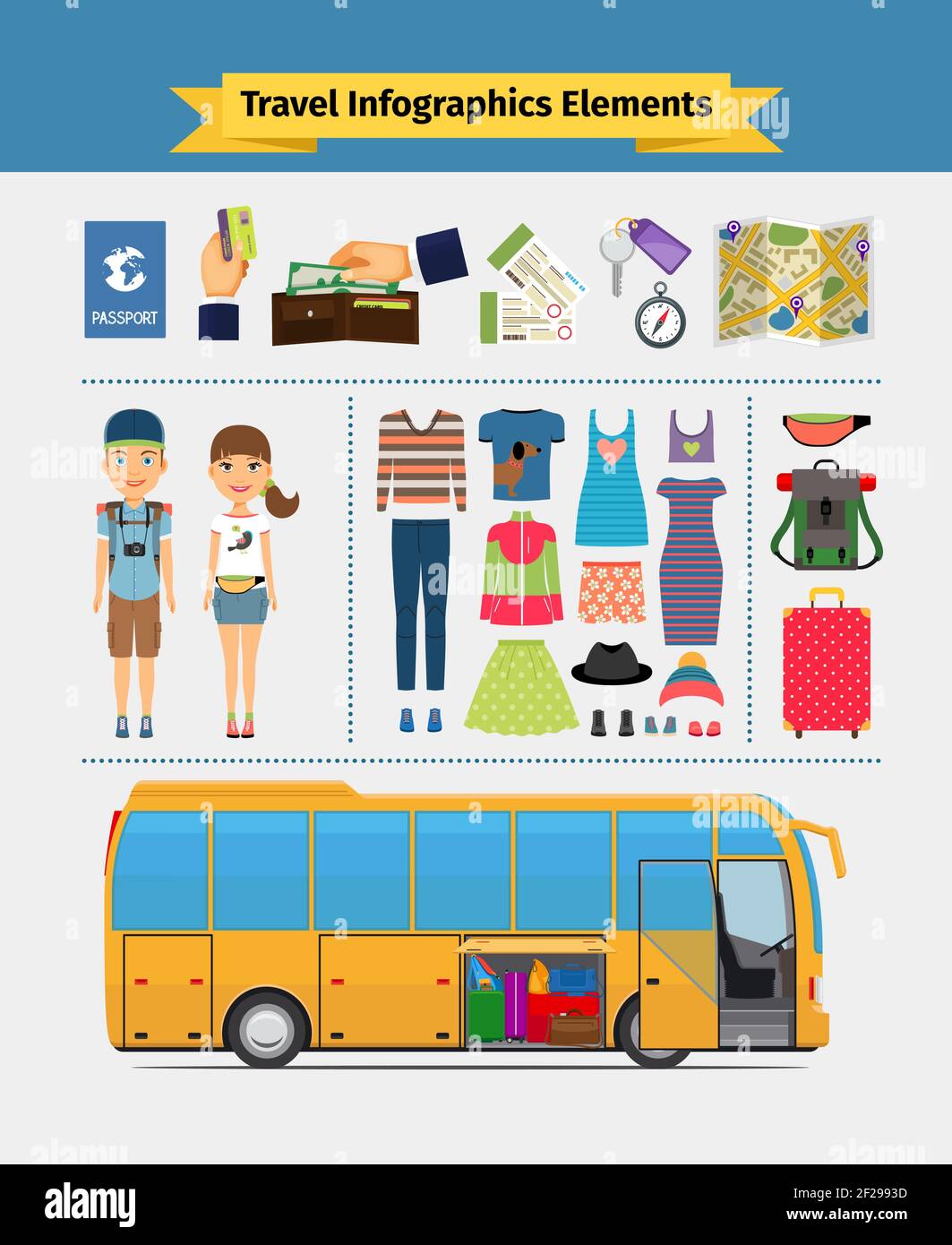 Travel infographics elements. Girl and boy, recreation and leisure and journey. Vector illustration Stock Vector