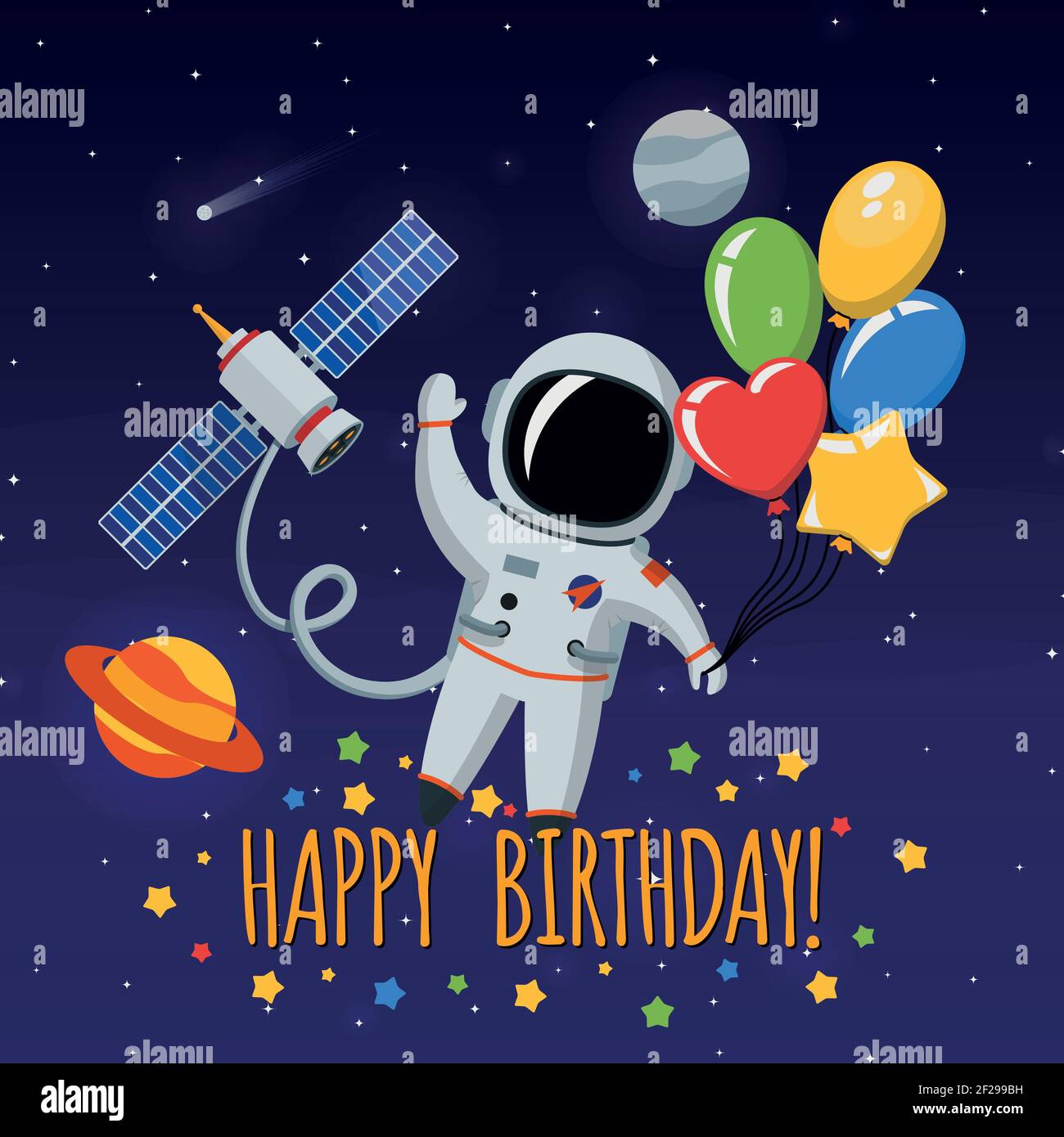 Cute astronaut in outer space. Congratulation happy birthday. Vector