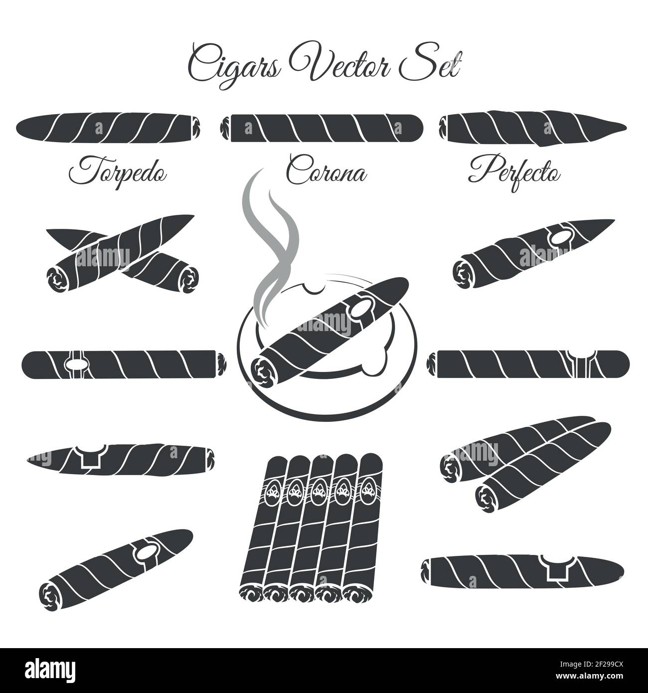 Hand drawn cigars vector. Torpedo corona and perfecto, culture lifestyle illustration. Vector cigar icons Stock Vector