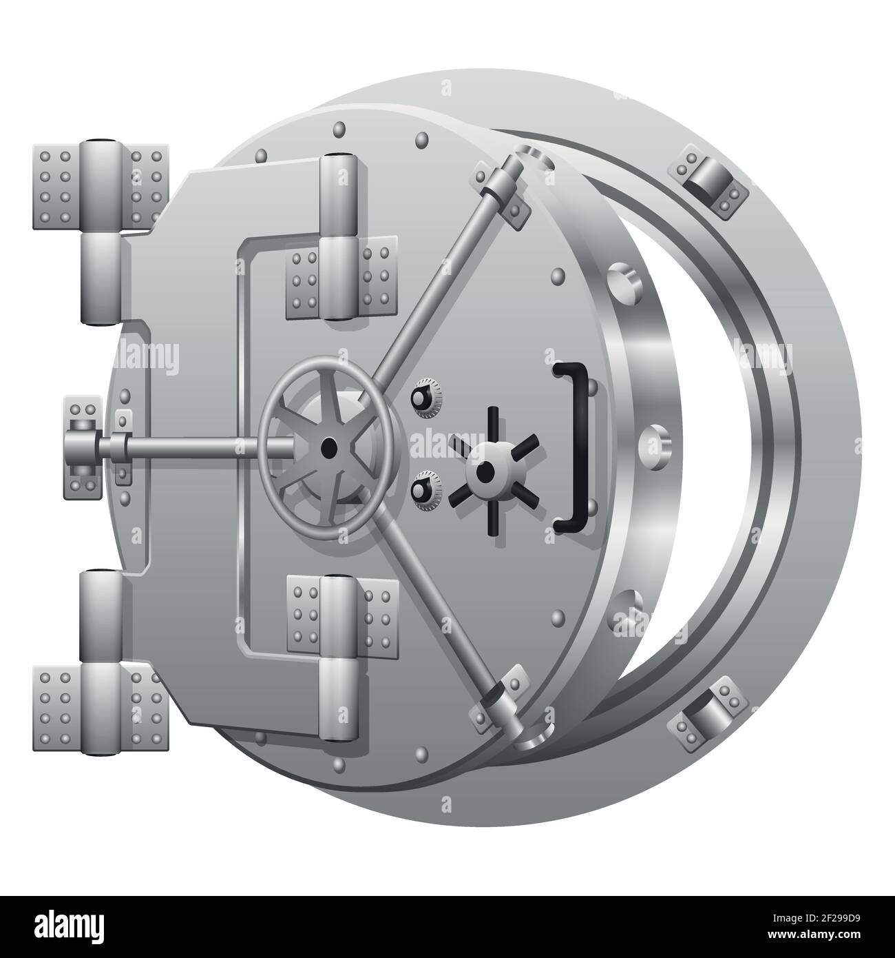 Halfopen bank vault door on white. Safe bank, metal door safe, lock